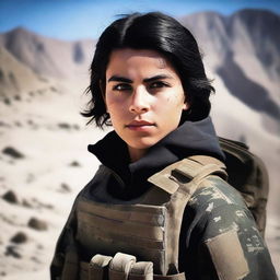 A 14-year-old Afghani-Canadian girl Black Ops operator standing confidently in tactical gear