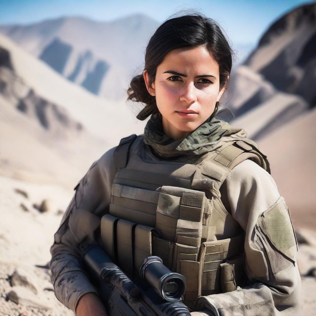 A 21-year-old attractive and adorable Afghani-Canadian girl Black Ops operator standing confidently in tactical gear, holding advanced military equipment