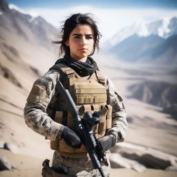 A 21-year-old attractive and adorable Afghani-Canadian girl Black Ops operator standing confidently in tactical gear, holding advanced military equipment