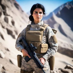 A 21-year-old attractive and adorable Afghani-Canadian girl Black Ops operator standing confidently in tactical gear, holding advanced military equipment