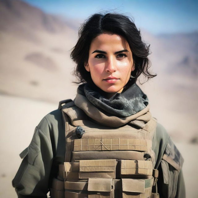 A 21-year-old attractive and adorable Afghani-Canadian girl Black Ops operator standing confidently in tactical gear, holding advanced military equipment