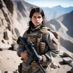 A 14-year-old Afghani-Canadian girl Black Ops operator standing confidently in tactical gear, holding advanced military equipment