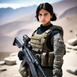 A 14-year-old Afghani-Canadian girl Black Ops operator standing confidently in tactical gear, holding advanced military equipment