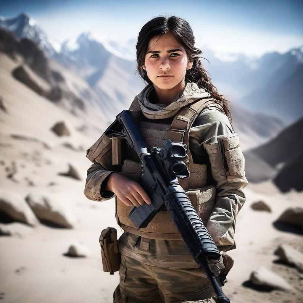 A 14-year-old Afghani-Canadian girl Black Ops operator standing confidently in tactical gear, holding advanced military equipment