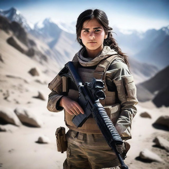 A 14-year-old Afghani-Canadian girl Black Ops operator standing confidently in tactical gear, holding advanced military equipment
