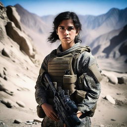 A 14-year-old Afghani-Canadian girl Black Ops operator standing confidently in tactical gear, holding advanced military equipment