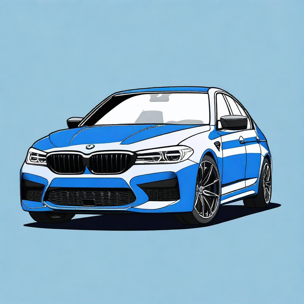 Create an image of a blue t-shirt featuring a graphic design of a BMW M5 F90