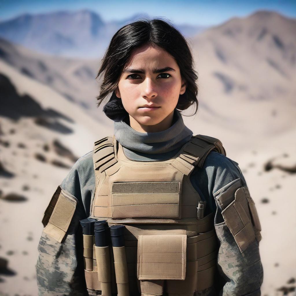 A 14-year-old Afghani-Canadian girl special operations operator standing confidently in tactical gear