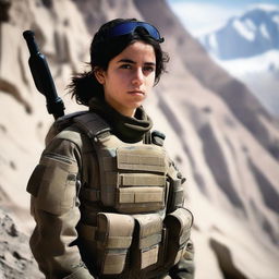 A 14-year-old Afghani-Canadian girl special operations operator standing confidently in tactical gear