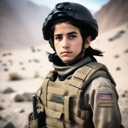 A 14-year-old Afghani-Canadian girl special operations operator standing confidently in tactical gear