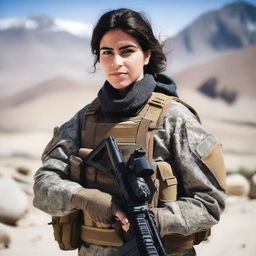 A 21-year-old attractive Afghani-Canadian girl special operations operator standing confidently in tactical gear, holding advanced military equipment