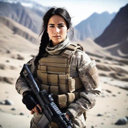 A 21-year-old attractive Afghani-Canadian girl special operations operator standing confidently in tactical gear, holding advanced military equipment