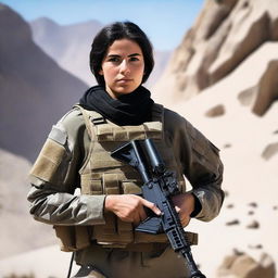 A 21-year-old attractive Afghani-Canadian girl special operations operator standing confidently in tactical gear, holding advanced military equipment