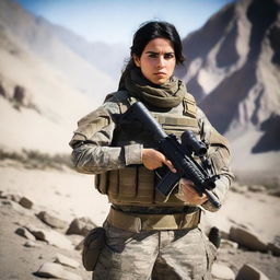 A 21-year-old attractive Afghani-Canadian girl special operations operator standing confidently in tactical gear, holding advanced military equipment