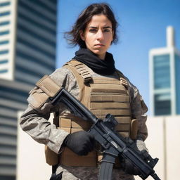 A 21-year-old attractive Afghani-Canadian girl special operations operator in tactical gear, involved in anti-terrorist operations in Ottawa