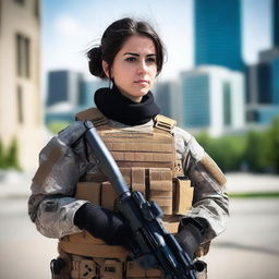 A 21-year-old attractive Afghani-Canadian girl special operations operator in tactical gear, involved in anti-terrorist operations in Ottawa