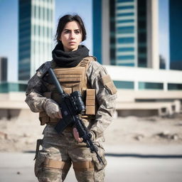 A 21-year-old attractive Afghani-Canadian girl special operations operator in tactical gear, involved in anti-terrorist operations in Ottawa