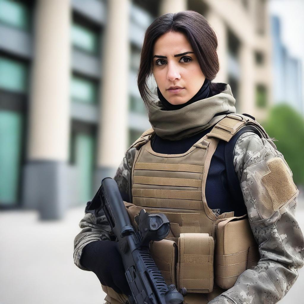 A 21-year-old attractive Afghani-Canadian girl special operations operator in tactical gear, involved in anti-terrorist operations in Ottawa