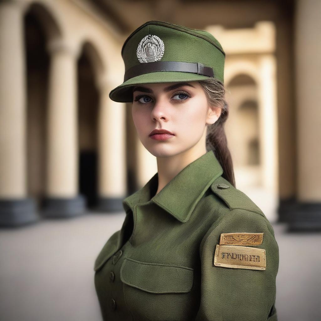 A 21-year-old attractive girl dressed as a soldier, with a serious and determined expression