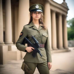 A 21-year-old attractive girl dressed as a soldier, with a serious and determined expression