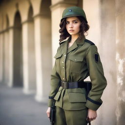 A 21-year-old attractive girl dressed as a soldier, with a serious and determined expression