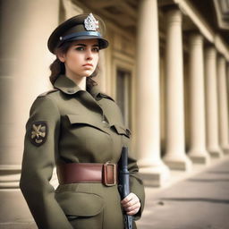 A 21-year-old attractive girl dressed as a soldier, with a serious and determined expression