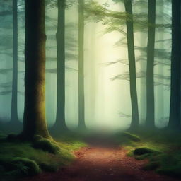 Create a captivating book cover featuring a mysterious forest with a hidden path