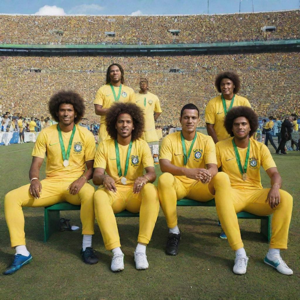 A group of musicians elegantly dressed in the iconic uniforms of the Brazil national football team, seated on the bustling stands of a large football field.