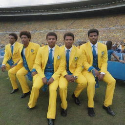 A group of musicians elegantly dressed in the iconic uniforms of the Brazil national football team, seated on the bustling stands of a large football field.