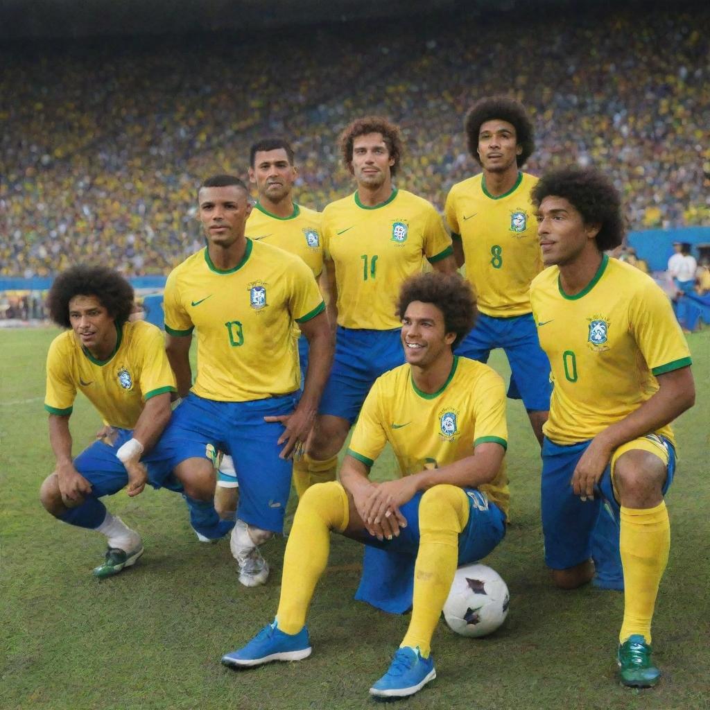 A group of musicians elegantly dressed in the iconic uniforms of the Brazil national football team, seated on the bustling stands of a large football field.