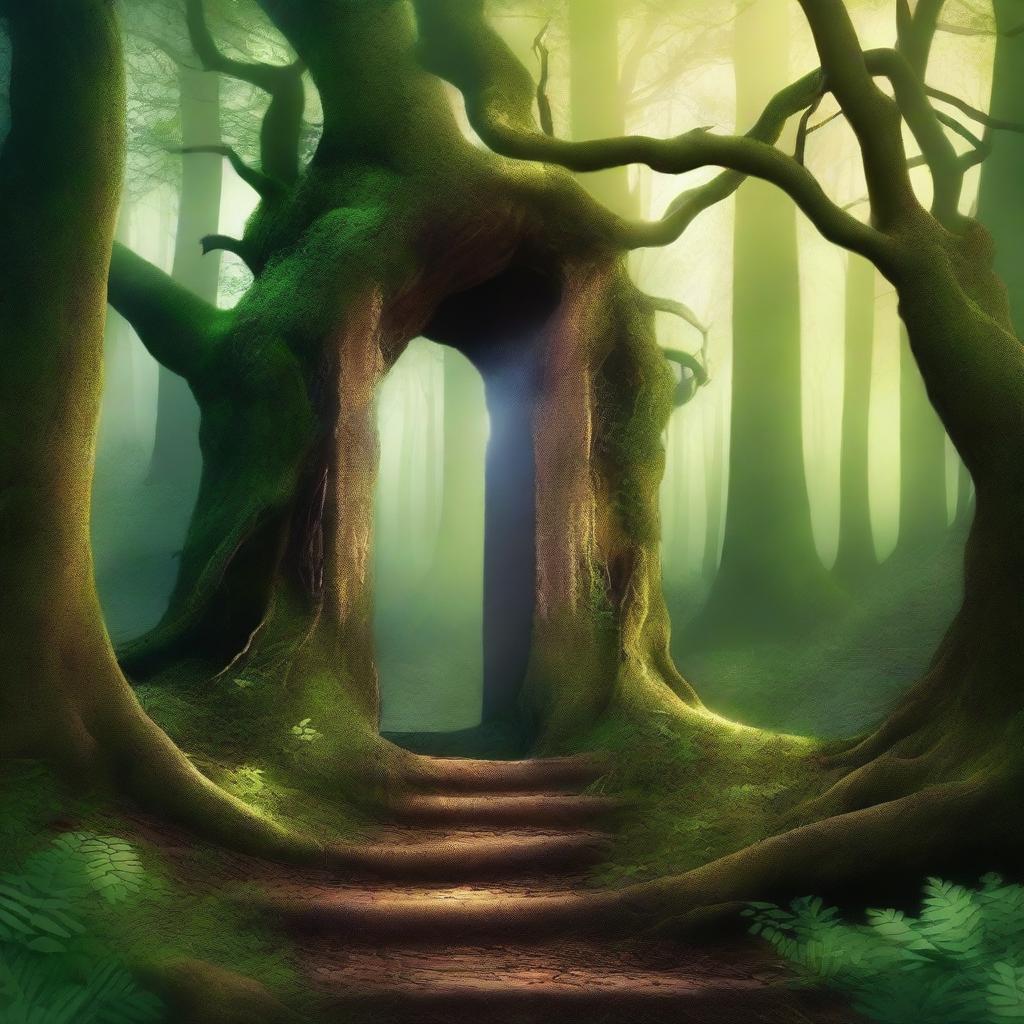 Create an intriguing book cover featuring a mysterious forest with a narrow path leading to an ancient, glowing portal