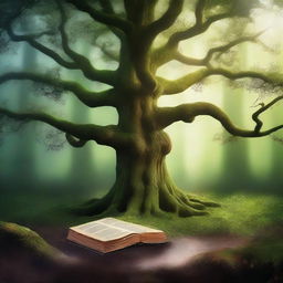 Create a captivating book cover featuring a mystical forest with ancient trees and a hidden path