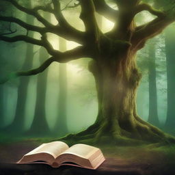 Create a captivating book cover featuring a mystical forest with ancient trees and a hidden path