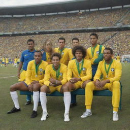 A group of musicians elegantly dressed in the iconic uniforms of the Brazil national football team, seated on the bustling stands of a large football field.