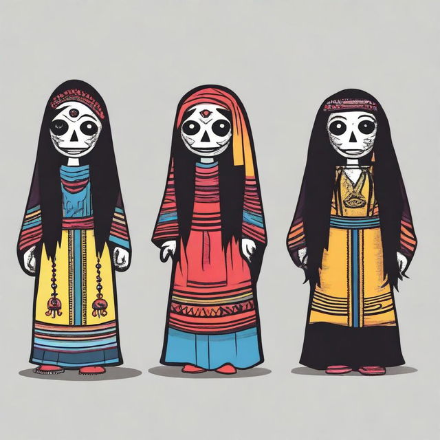 Create five artwork designs in basic colors for the main characters of Guatemalan urban legend folklore, including El Sombrerón, La Llorona, El Cadejo, and La Siguanaba