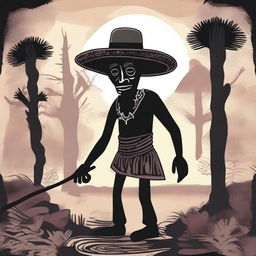 Create dark plain color artwork designs for the character El Sombrerón from Guatemalan urban legend folklore