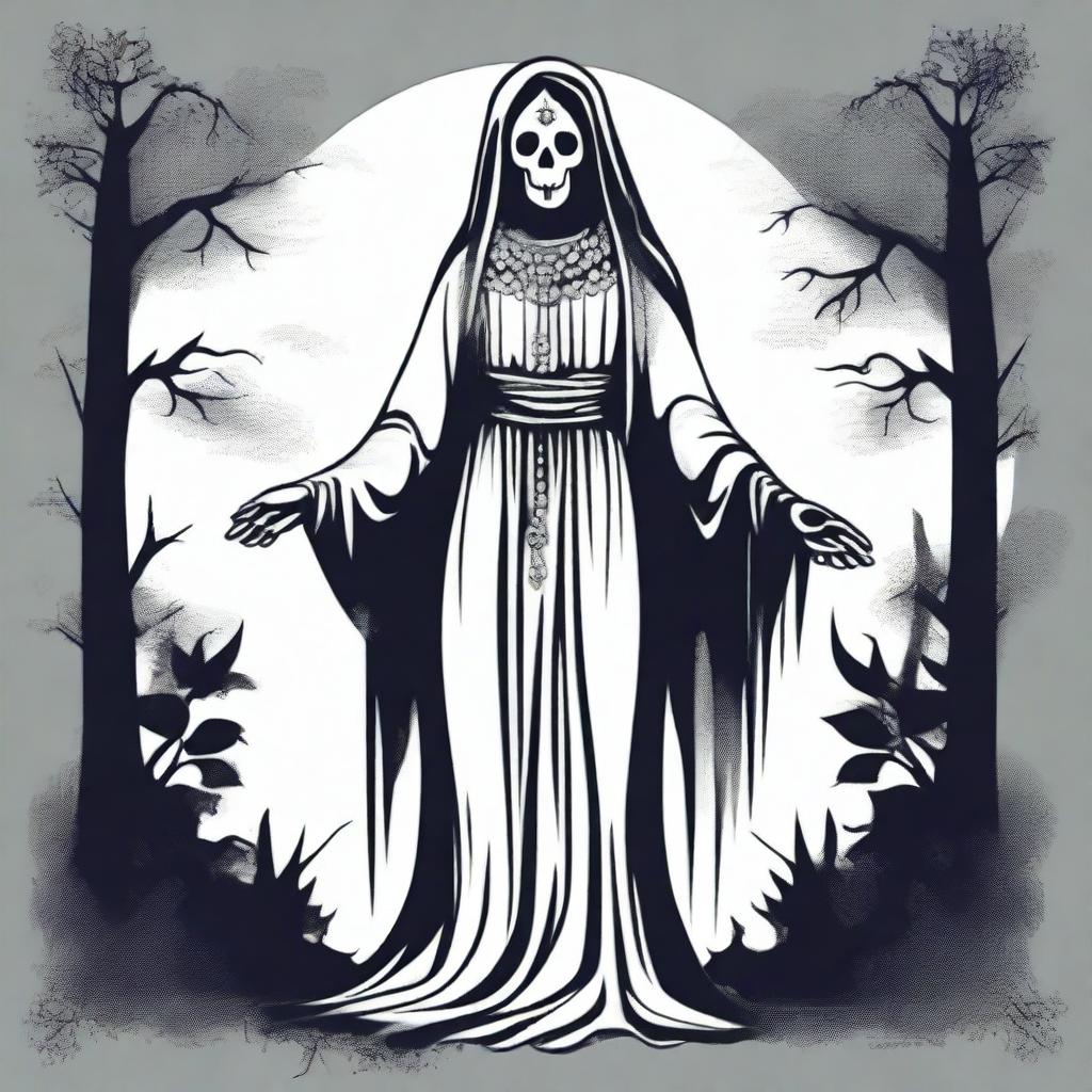 Create dark plain color artwork designs for the character La Llorona from Guatemalan urban legend folklore