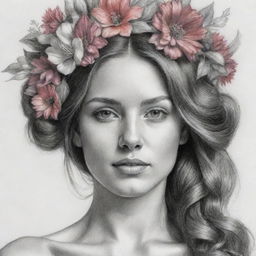 A half portrait of a gorgeous woman, adorned with an array of vibrant flowers on her head, sketched in detailed pencil strokes.