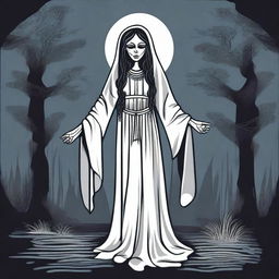 Create dark plain color artwork designs for the character La Llorona from Guatemalan urban legend folklore