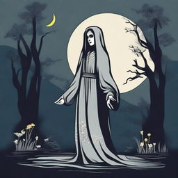 Create dark plain color artwork designs for the character La Llorona from Guatemalan urban legend folklore