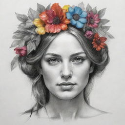 A half portrait of a gorgeous woman, adorned with an array of vibrant flowers on her head, sketched in detailed pencil strokes.