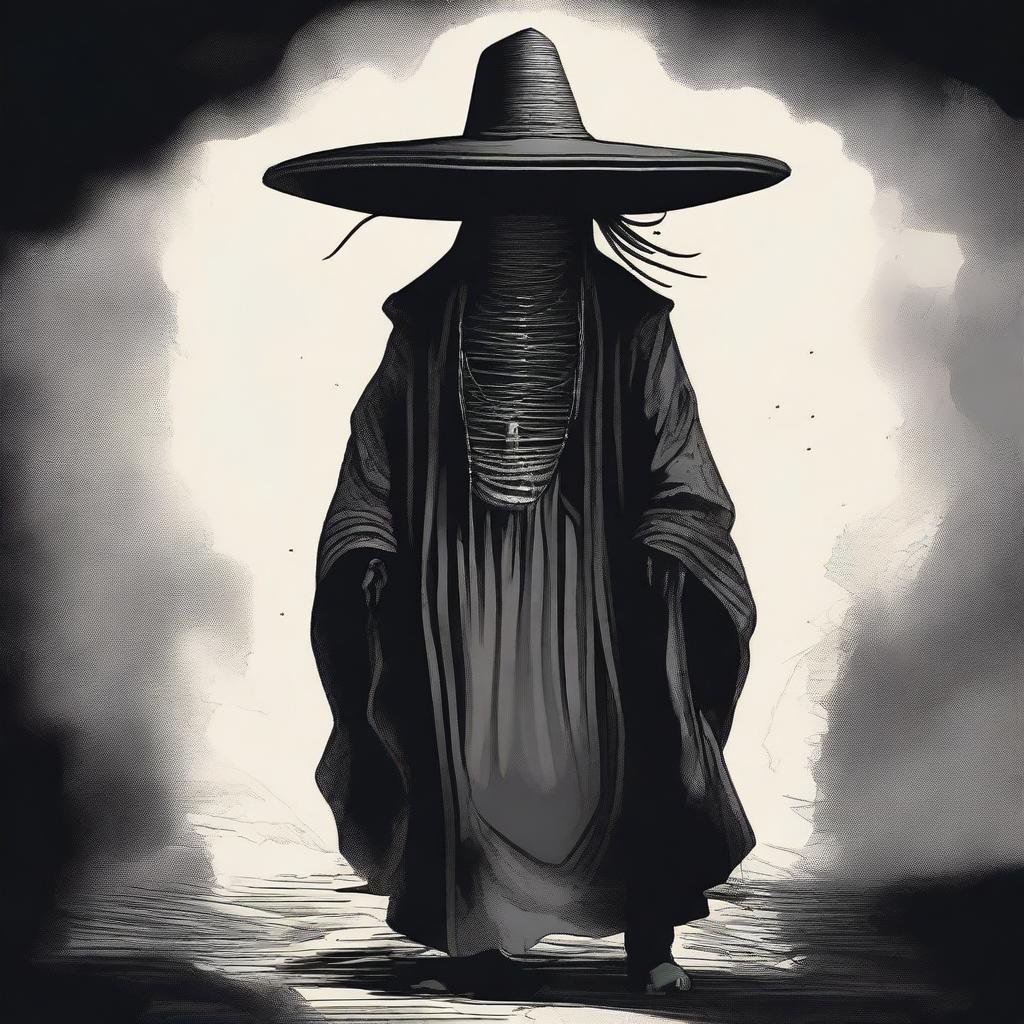 A dark and eerie illustration of El Sombrerón, a character from Guatemalan legend