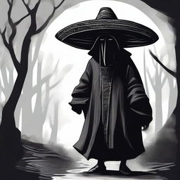 A dark and eerie illustration of El Sombrerón, a character from Guatemalan legend