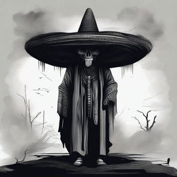 A dark and eerie illustration of El Sombrerón, a character from Guatemalan legend