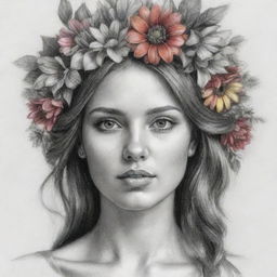 A half portrait of a gorgeous woman, adorned with an array of vibrant flowers on her head, sketched in detailed pencil strokes.