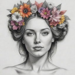 A half portrait of a gorgeous woman, adorned with an array of vibrant flowers on her head, sketched in detailed pencil strokes.