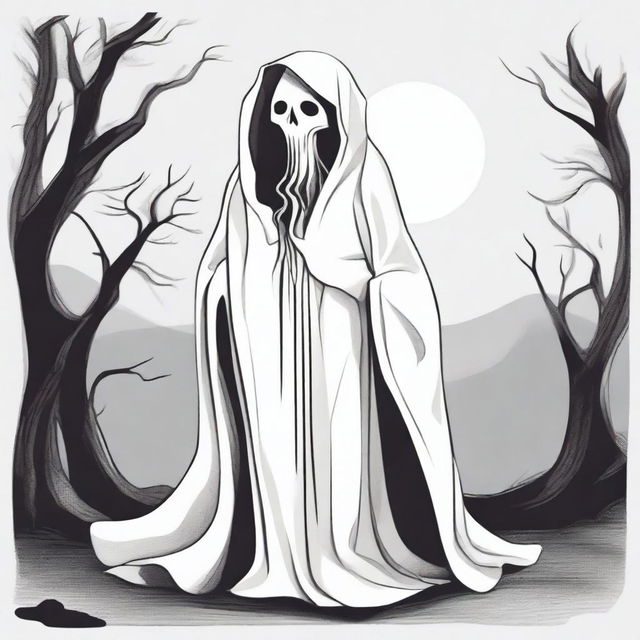 A caricature of La Llorona, a woman dressed in white with a cloak covering her face