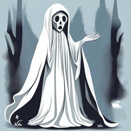 A caricature of La Llorona, a woman dressed in white with a cloak covering her face