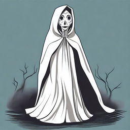 A caricature of La Llorona, a woman dressed in white with a cloak covering her face