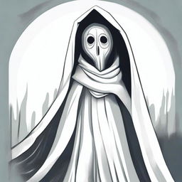 A caricature of La Llorona, a woman dressed in white with a cloak covering her face